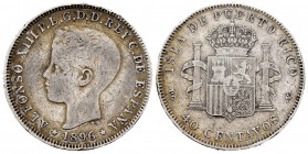 Alfonso XIII (1886-1931). 40 centavos. 1896. Puerto Rico. PGV. (Cal 2019-127). Ag. 9,87 g. Golpecitos en el canto. Rara. MBC-. Est...300,00.