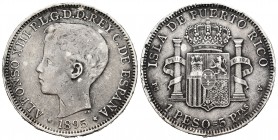 Alfonso XIII (1886-1931). 1 peso. 1895. Puerto Rico. PGV. (Cal 2019-128). Ag. 24,85 g. Golpes. MBC. Est...300,00.
