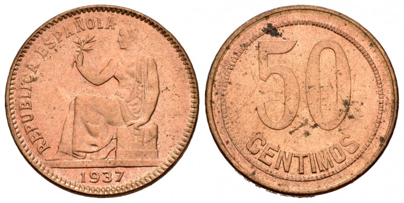 II República (1931-1939). 50 céntimos. 1937. (Cal 2019-28). Ae. 5,90 g.  Orla de...