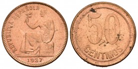 II República (1931-1939). 50 céntimos. 1937. (Cal 2019-28). Ae. 5,90 g.  Orla de cuadraditos. Manchitas. SC-. Est...65,00.
