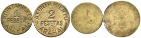 Guerra Civil (1936-1939). Lote de 2 monedas de Arahal de 1 y 2 pesetas, a excepción del 50 céntimos para la serie completa. Latón. MBC+. Est...100,00....