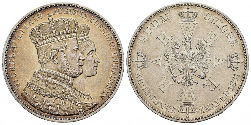 Alemania. Prussia. Wilhelm I. 1 thaler. 1861. (Km-488). Ag. 18,51 g. Coronación ...