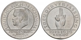 Alemania. República de Weimar. 3 marcos. 1929. Munich. D. (Km-63). Ag. 14,88 g. Hindenburg. MBC+. Est...60,00.