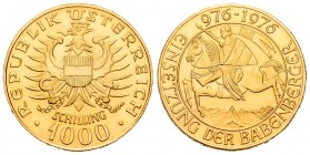 Austria. 1000 shilling. 1976. (Km-2933). (Fr-909). Au. 13,51 g.  Milenario de Austria. 976 - 1976. SC. Est...620,00.