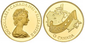 Canadá. Elizabeth II. 100 dollar. 1981. (Km-131). (Fried-12). Au. 16,91 g. Adopción de "O Canada" como himno nacional el 1 de julio de 1980. PROOF. Es...