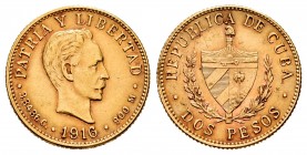 Cuba. 2 pesos. 1916. (Km-17). Au. 3,38 g. EBC+. Est...200,00.