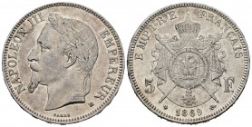 Francia. Napoleón III. 5 francos. 1869. Estrasburgo. BB. (Km-799.2). (Gad-739). Ag. 24,82 g. MBC+. Est...45,00.