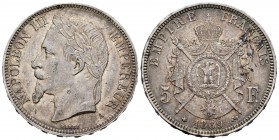 Francia. Napoleón III. 5 francos. 1869. París. A. (Km-799.1). (Gad-739). Ag. 25,01 g. MBC+. Est...50,00.