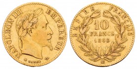 Francia. Napoleón III. 10 francos. 1866. Estrasburgo. BB. (Km-800.2). (Fr-587). (Gad-1015). Au. 3,18 g. Mínima prueba en el canto. BC+. Est...120,00....