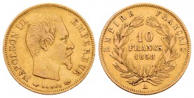 Francia. Napoleón III. 10 francos. 1858. París. A. (Km-784.3). (Fr-576a). (Gad-1014). Au. 3,17 g. MBC-. Est...125,00.