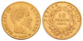 Francia. Napoleón III. 10 francos. 1859. París. A. (Km-784.3). (Fr-576a). (Gad-1014). Au. 3,17 g. BC+. Est...120,00.