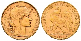 Francia. III República. 20 francos. 1911. (Km-857). (Fried-596a). (Gad-1064a). Au. 6,43 g. SC-. Est...250,00.