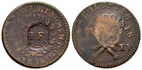 Francia. Colonias. Louis XV. 12 deniers. 1767. (Km-1). Ae. 11,59 g. Contramarca RF (Guadalupe). MBC. Est...60,00.
