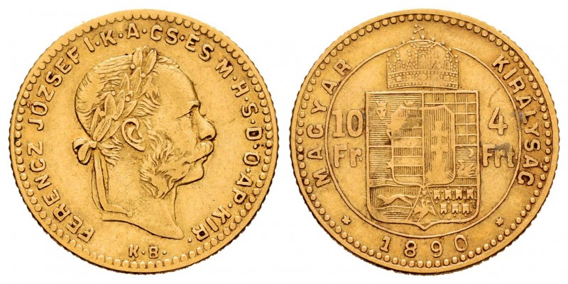 Hungría. Franz Joseph I. 4 fornit / 10 francos. 1890. Kremnitz. KB. (Km-466). Au...