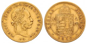 Hungría. Franz Joseph I. 4 fornit / 10 francos. 1890. Kremnitz. KB. (Km-466). Au. 3,18 g. MBC-. Est...125,00.