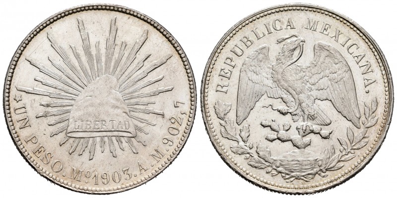 México. 1 peso. 1903. México. AM. (Km-409.2). Ag. 27,08 g. Brillo original. SC. ...