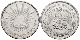 México. 1 peso. 1908. México. GV. (Km-409.2). Ag. 27,12 g. EBC+. Est...75,00.