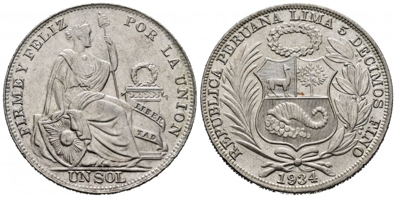 Perú. 1 sol. 1934. (Km-218.2). Ag. 25,14 g. SC-. Est...50,00.