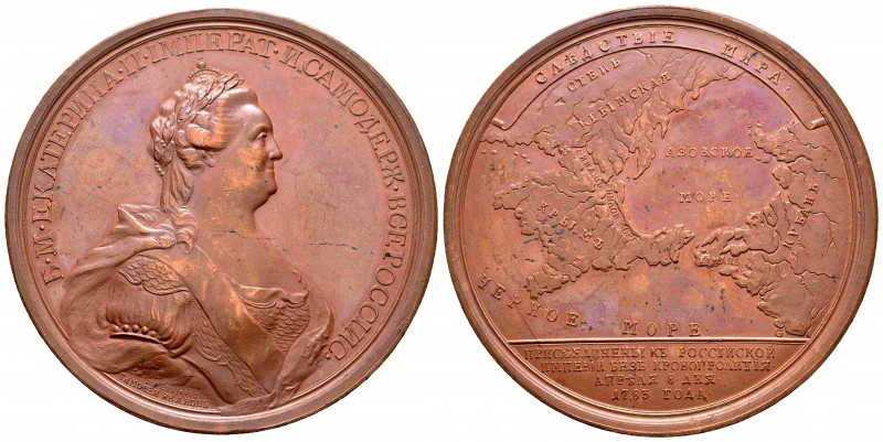 Rusia. Catherine II. Medalla. 1783. (Diakov-196.4). Ae. 99,50 g. Anexión de Crim...