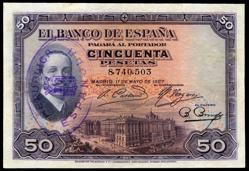 50 pesetas. 1927. Madrid. (Ed 2017-326 variante). 17 de mayo, Alfonso XIII y Tea...