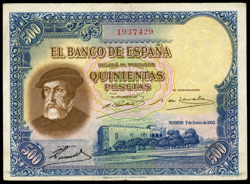 500 pesetas. 1935. Madrid. (Ed 2017-365). 7 de enero, Hernán Cortés. Sin serie. ...