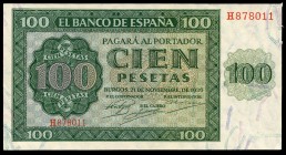 100 pesetas. 1936. Burgos. (Ed 2017-421a). 21 de noviembre, Catedral de Burgos. Serie H. Desgarro de papel en margen izquierdo. EBC-. Est...50,00.