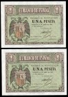 1 peseta. 1938. Burgos. (Ed 2017-428a). 30 de abril, escudo de España. Serie M. Pareja correlativa. SC. Est...65,00.
