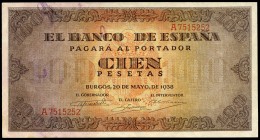 100 pesetas. 1938. Burgos. (Ed 2017-432). 20 de mayo, Casa del Cordón. Serie A. Dobleces. EBC-. Est...45,00.