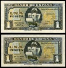 1 peseta. 1940. Madrid. (Ed 2017-442/442a). 4 de septiembre, nao de Santa María. Dos billetes, sin serie y serie F. Uno de ellos con pequeñas manchita...