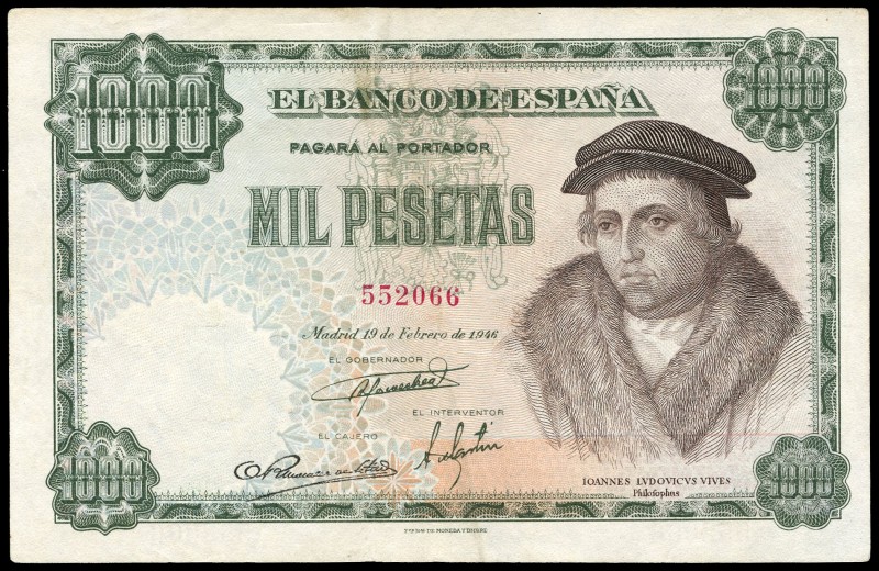 1000 pesetas. 1946. Madrid. (Ed 2017-453). 19 de febrero, Luis Vives. Sin serie....