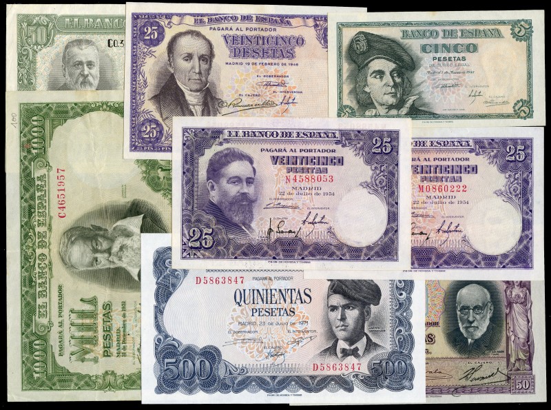 Lote de 8 billetes España, 5 pesetas 1948, 25 pesetas 1946 y 1954 (2), 50 peseta...