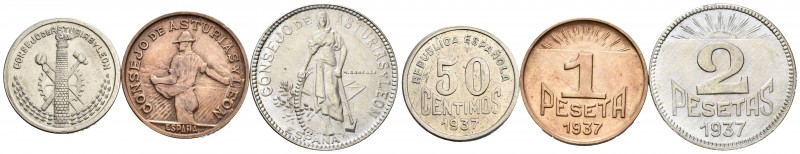 Guerra Civil (1936-1939). Serie completa de 50 céntimos, 1 y 2 pesetas. 1937. As...