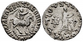 Indoescitas. Azes II. Tetradracma. 20-1 a.C. (Mitchiner-2360). Anv.: El rey a caballo a derecha, armado de arco y levantando la mano derecha. Rev.: Pa...