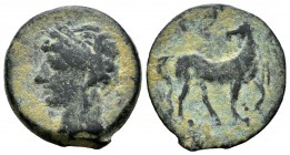 Cartagonova. Semis. 220-215 a.C. Cartagena (Murcia). (Abh-509). (Acip-597). (C-58). Rev.: Caballo a derecha con la cabeza vuelta. Ae. 6,35 g. BC+. Est...