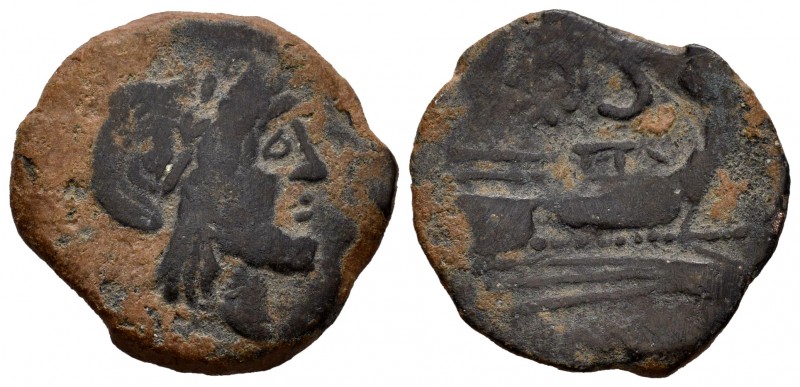 Anónima. Semis. 211-206 a.C. Roma. (Spink-780). Rev.: Proa de nave a derecha, de...