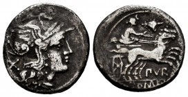 Furia. Denario. 169-158 a.C. Taller Auxiliar de Roma. (Ffc-729). (Craw-187-1). (Cal-599). Ag. 3,57 g. BC+. Est...35,00.