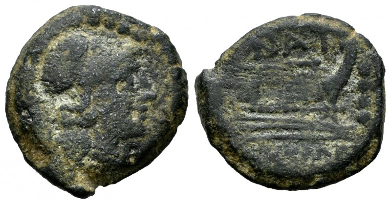 Matiena. Triens. 179-170 a.C. Roma. (Craw-162/5a). Rev.: Proa a derecha, encima ...