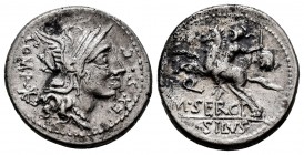 Sergia. Denario. 116-115 a.C. Norte de Italia. (Ffc-1111). (Craw-286/1). (Cal-1271). Anv.: Cabeza de Roma a derecha, detrás X ROMA, delante EX SC. Rev...