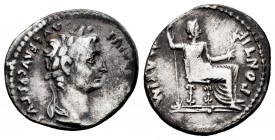 Tiberio. Denario. 14-33 d.C. Lugdunum. (Spink-1763). (Ric-26). Rev.: PONTIF MAXIM. Livia sentada a la derecha con cetro y rama. Ag. 3,58 g. MBC-. Est....