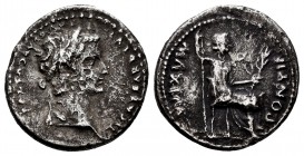 Tiberio. Denario. 16 d.C. Lugdunum. (Ric-26). Anv.: Cabeza laureada a derecha. Rev.: PONTIF MAXIM. Livia sentada a derecha. Ag. 3,39 g. BC+. Est...60,...