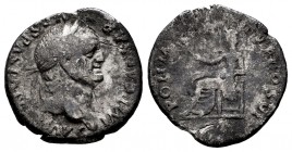 Vespasiano. Denario. 75 d.C. Roma. (Spink-2301). (Ric-90). Rev.: PON MAX TR P COS VI. Paz sentada a izquierda con rama de olivo. Ag. 2,78 g. BC-. Est....