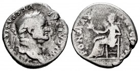 Vespasiano. Denario. 75 d.C. Roma. (Spink-2301). (Ric-90). Rev.: PON MAX TR P COS VI. Paz sentada a izquierda con rama de olivo. Ag. 2,89 g. BC-. Est....