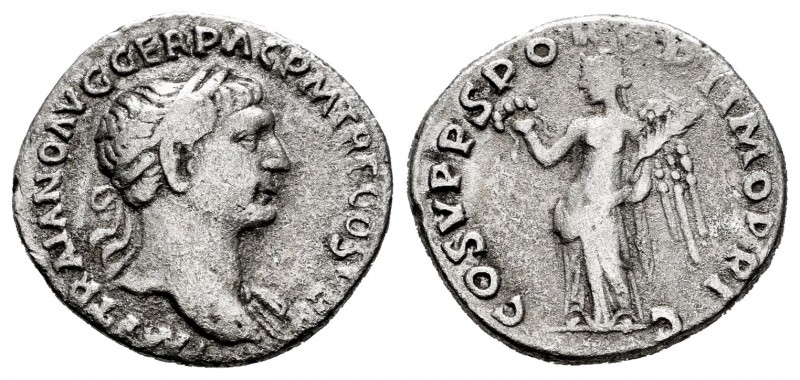 Trajano. Denario. 107 d.C. Roma. (Spink-3129). (Ric-128). Rev.: COS V P P SPQR O...