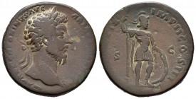 Marco Aurelio. Sestercio. 164 d.C. Roma. (Spink-5000). (Ric-854). Rev.: Marte a derecha con lanza y escudo. Ae. 20,96 g. BC+. Est...50,00.
