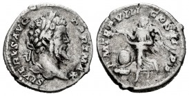 Septimio Severo. Denario. 200 d.C. Roma. (Spink-6333). (Ric-150). (Seaby-454). Rev.: P M TR P VIII COS II P P. Victoria flotando a izquierda abriendo ...