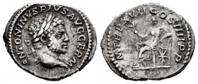 Caracalla. Denario. 214 d.C. Roma. (Spink-6831). (Ric-238A). (Seaby-242). Rev.: P M TR P XVII COS IIII P P. Apolo sentado a izquierda con rama de oliv...