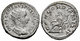 Gordiano III. Antoniniano. 240 d.C. Roma. (Spink-8606). (Ric-65). (Seaby-62). Rev.: CONCORDIA MILIT. Concordia sentada a izquierda con plato y cuerno ...