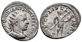 Gordiano III. Antoniniano. 242-244 d.C. (Spink-8659). (Ric-216). (Seaby-319). Rev.: SAECVLI FELICITAS. Gordiano en pie a derecha, con vestimenta milit...
