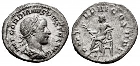 Gordiano III. Denario. 241 d.C. Roma. (Spink-8679). (Ric-114). (Seaby-238). Rev.: P M TR P III COS II P P. Apolo sentado a izquierda con rama de olivo...
