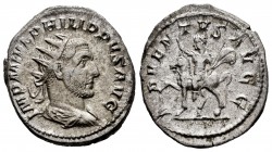 Filipo I. Antoniniano. 245 d.C. Roma. (Spink-8916). (Ric-26b). (Seaby-3). Rev.: ADVENTVS AVGG. El emperador a caballo a izquierda con cetro. Ag. 5,09 ...
